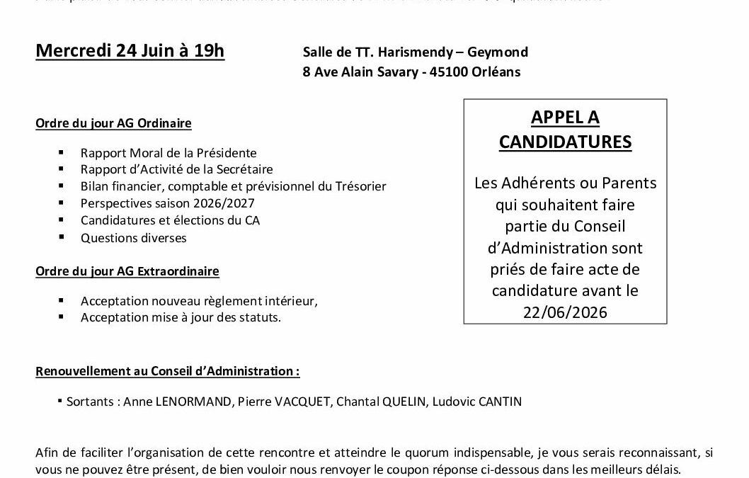 Assemblé générale du club – le 24 Juin